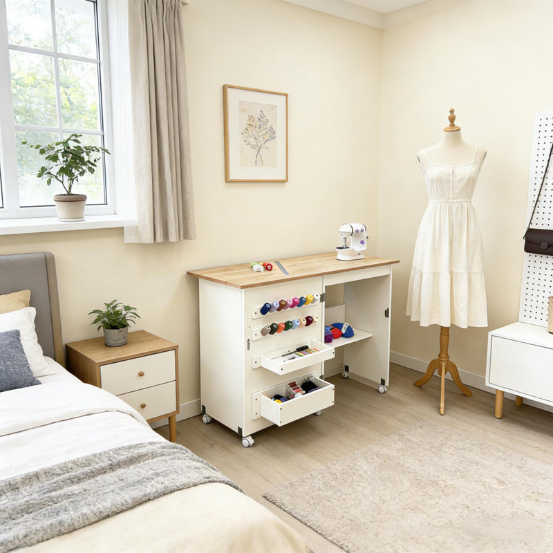 Table de couture pliante avec design compact, roues et tablettes de rangement, plateau de rangement pour la chambre à coucher