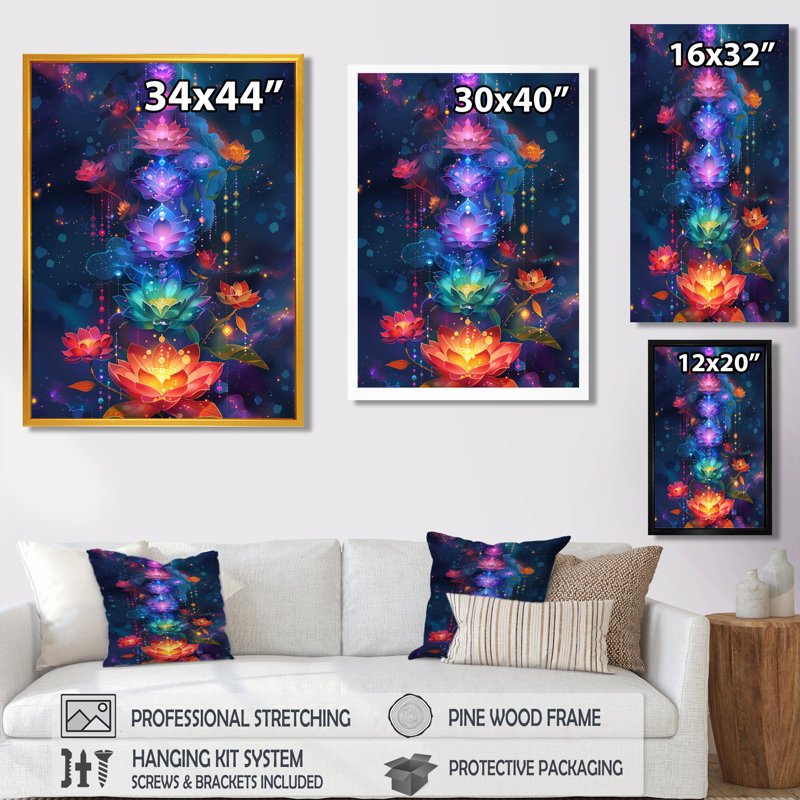 «Blossoming Chakra Flowers», reproduction d'art mural, H 20 po x l 12 po x P 1 po, Toile avec cadre flottant noir