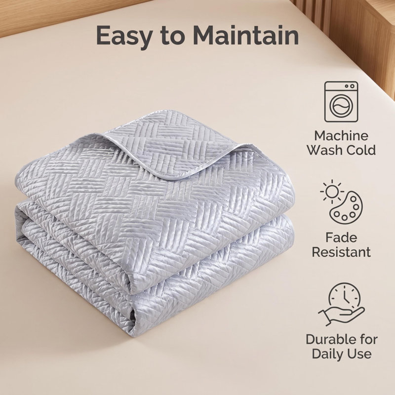 3 Pieces Quilt Set, Silk Satin Geometric Pattern Quilted Coverlet Set (1 Quilt, 2 Pillow Shams) - NTBAY, Twin, Light Gray