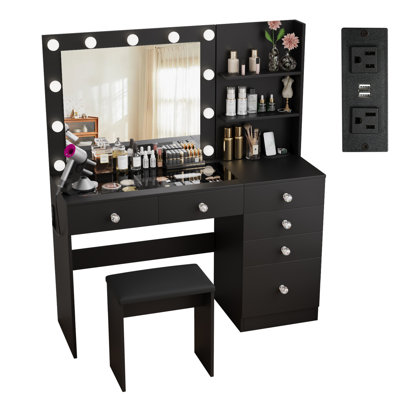 Ensemble de coiffeuse avec miroir lumineux, table de coiffeuse et bureau en verre pour chambre à coucher