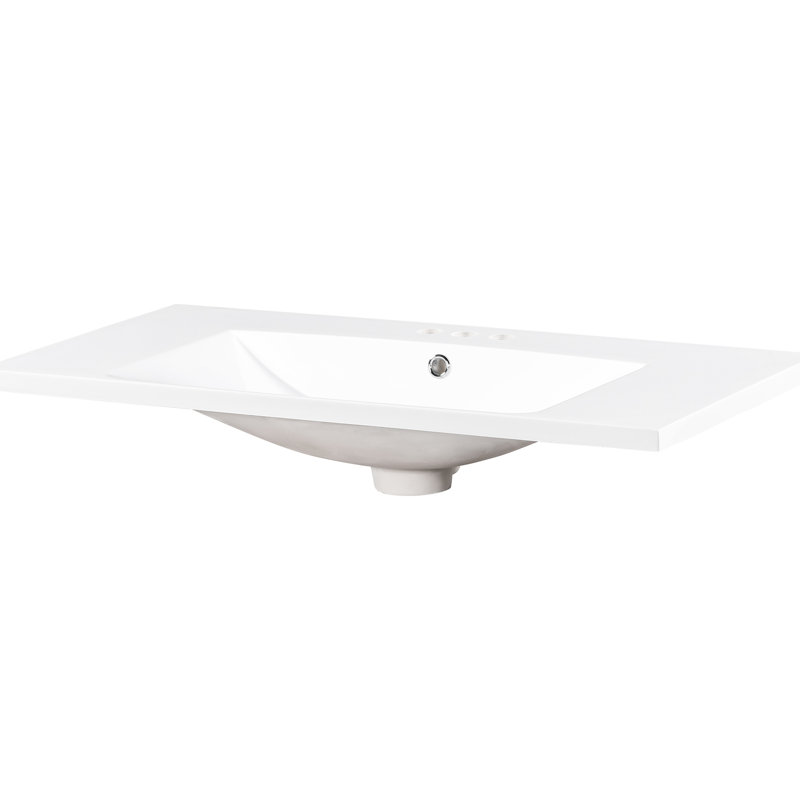 Lavabo de salle de bain en résine 36 po x 18 po, comptoir de meuble-lavabo blanc rectangulaire à 3 trous, convenant à un robinet central de 4 po, blanc de qualité améliorée, robinet appliqué, matériau