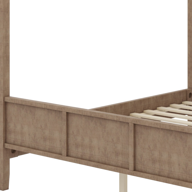 Lit à baldaquin en bois classique avec tête de lit rembourrée et plateforme, Natural Walnut