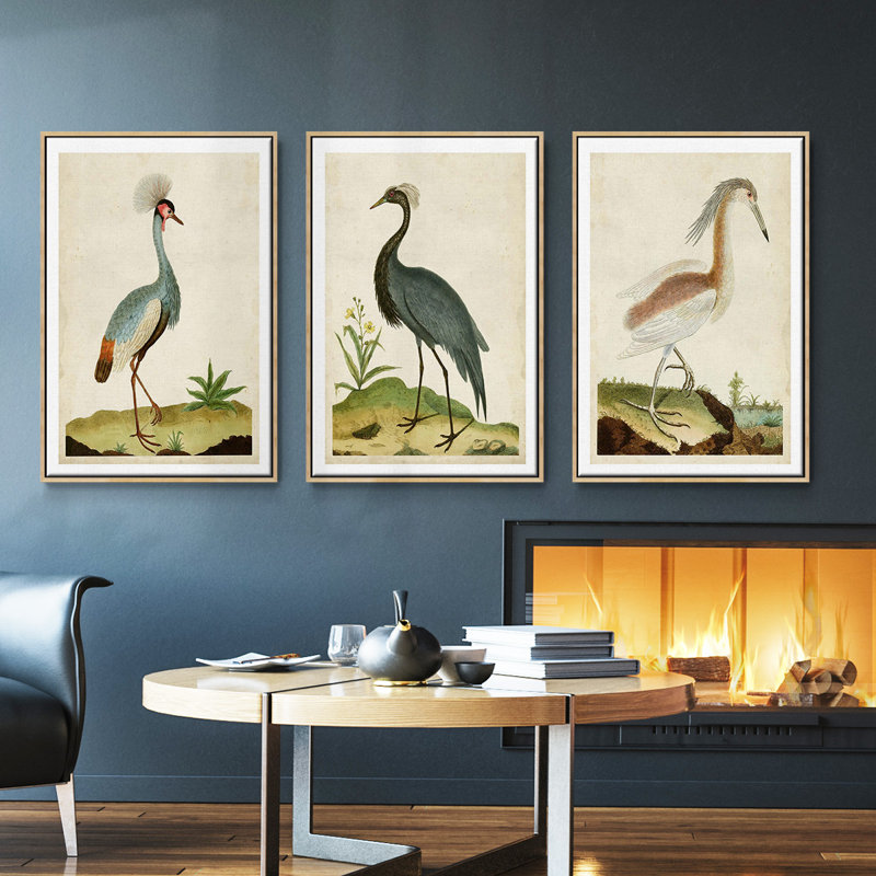 Heron Portrait I, ensemble de 3 toiles encadrées, Cadre en bois naturel, H 40 po x l 78 po