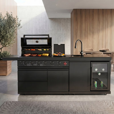Îlot de cuisine extérieur 84 po avec barbecue à 6 brûleurs (75 300 BTU), réfrigérateur et évier encastrés, propane / gaz naturel convertible