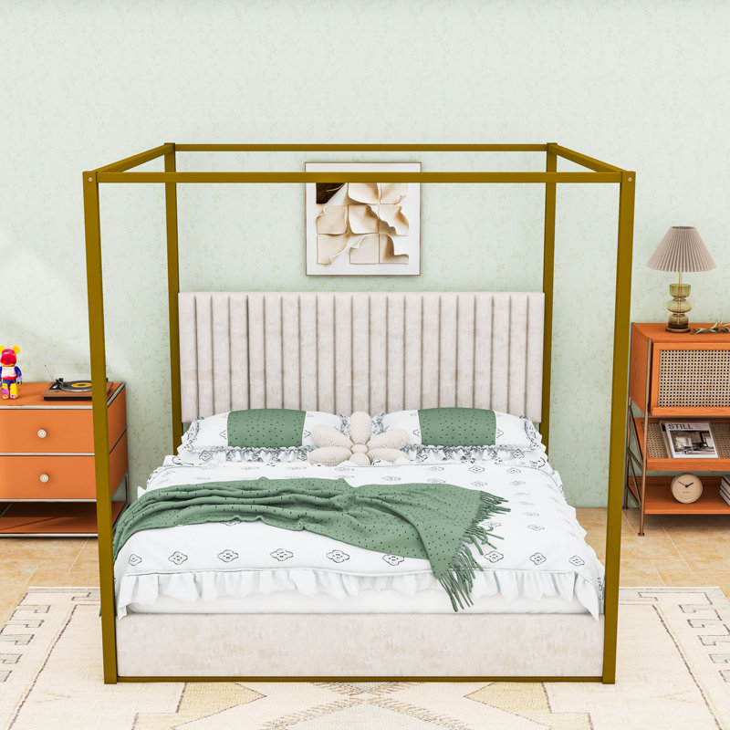Lit plateforme à baldaquin rembourré avec tête de lit en mousse et pieds centraux, Beige, Très grand lit