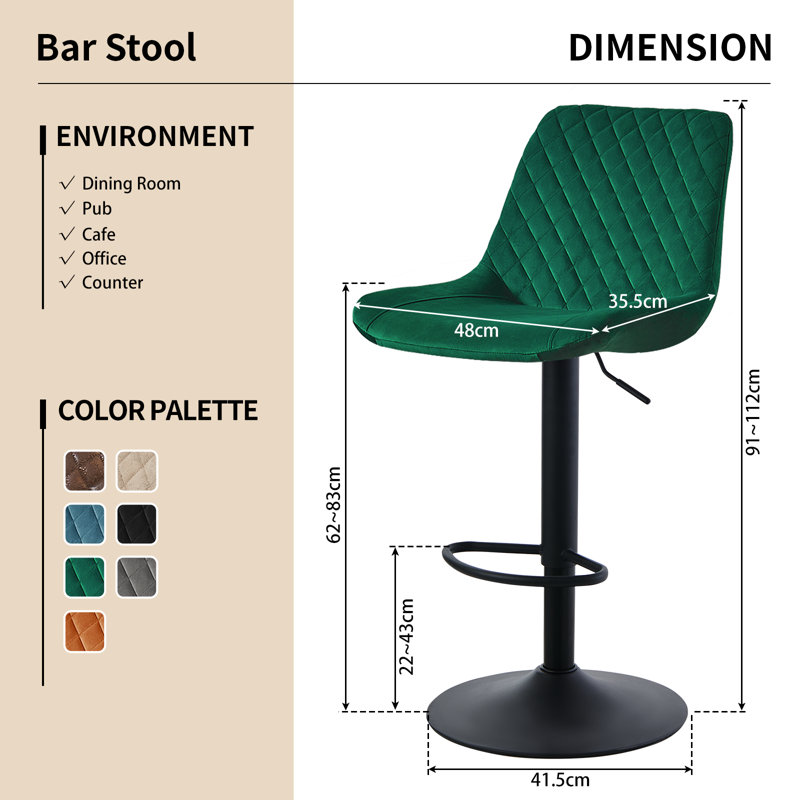 Apoch Waffle Velvet Height Adjustable Bar Stool 360 Swivel with Footrest, Green