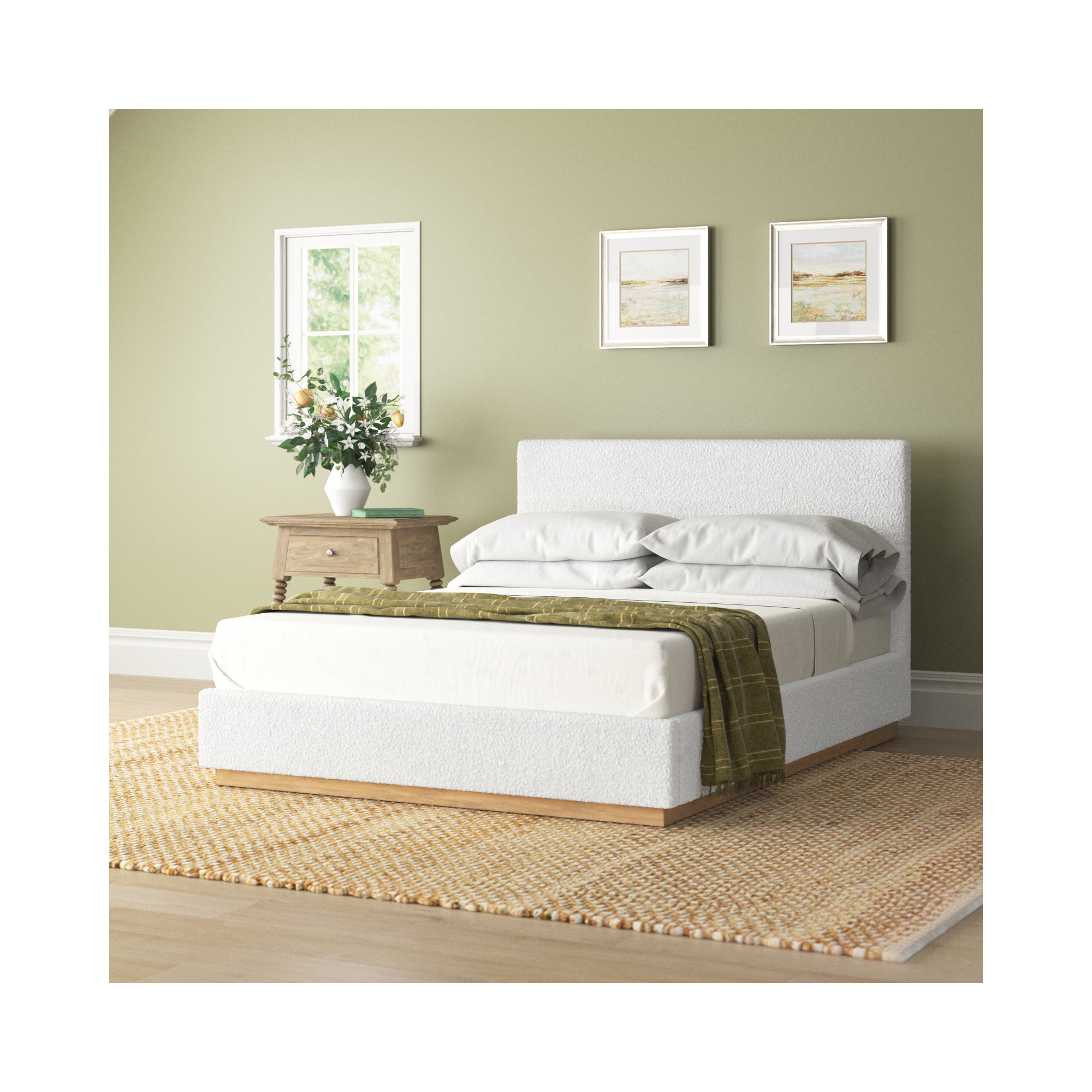 Drago Upholstered Platform Bed, Queen, Cream Boucle