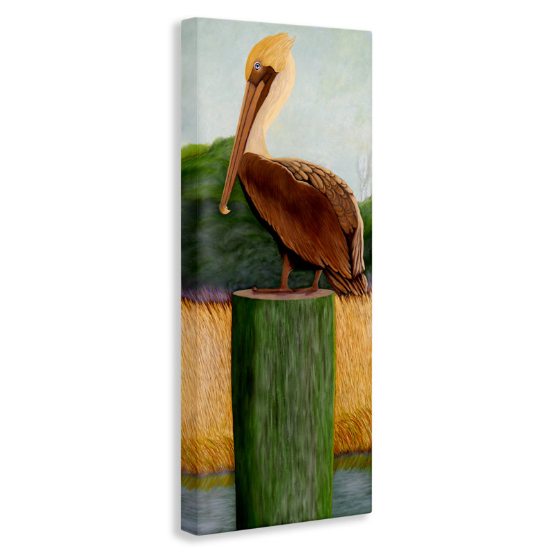 Toile de pélican aux yeux bleus, design par Barbara Fallenbaum, H 30 po x l 13 po