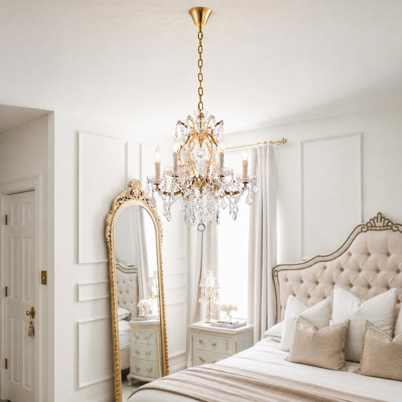 Lustre style candélabre en cristal de style empire 6 lumières 20 po, H 70 po x l 20 po x P 20 po, Laiton brossé, 1 étage