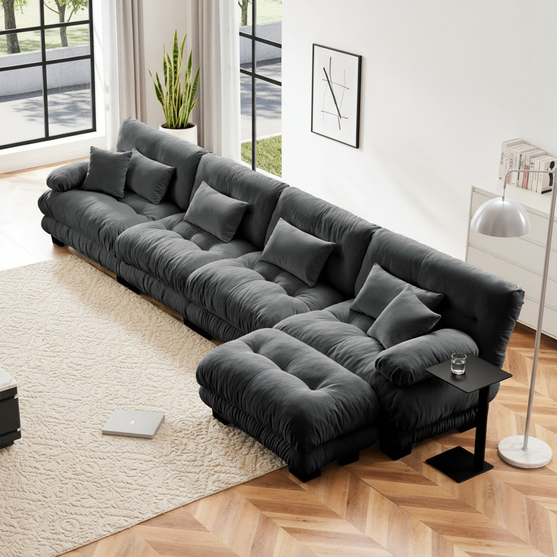 Cloud Couch Sleeper Sofa With 1 Ottoman, Chenille 4-Seater Sectional Sofa Bed Include Lumbar & Throw Pillows, Gray Chenille
