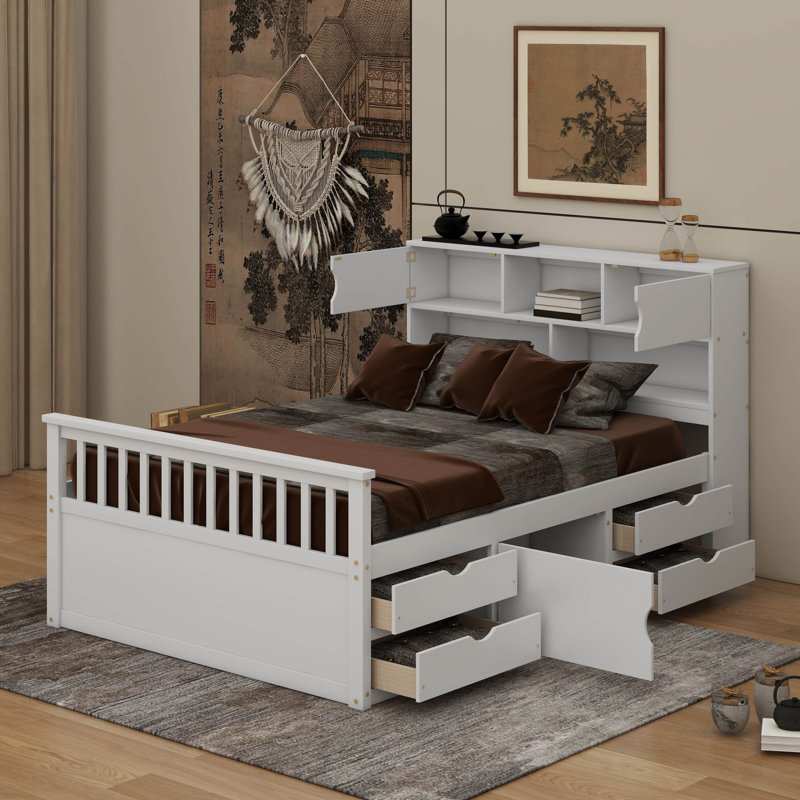 Structure de lit plateforme double pleine grandeur avec bibliothèques de rangement et tablettes, quatre tiroirs, Blanc
