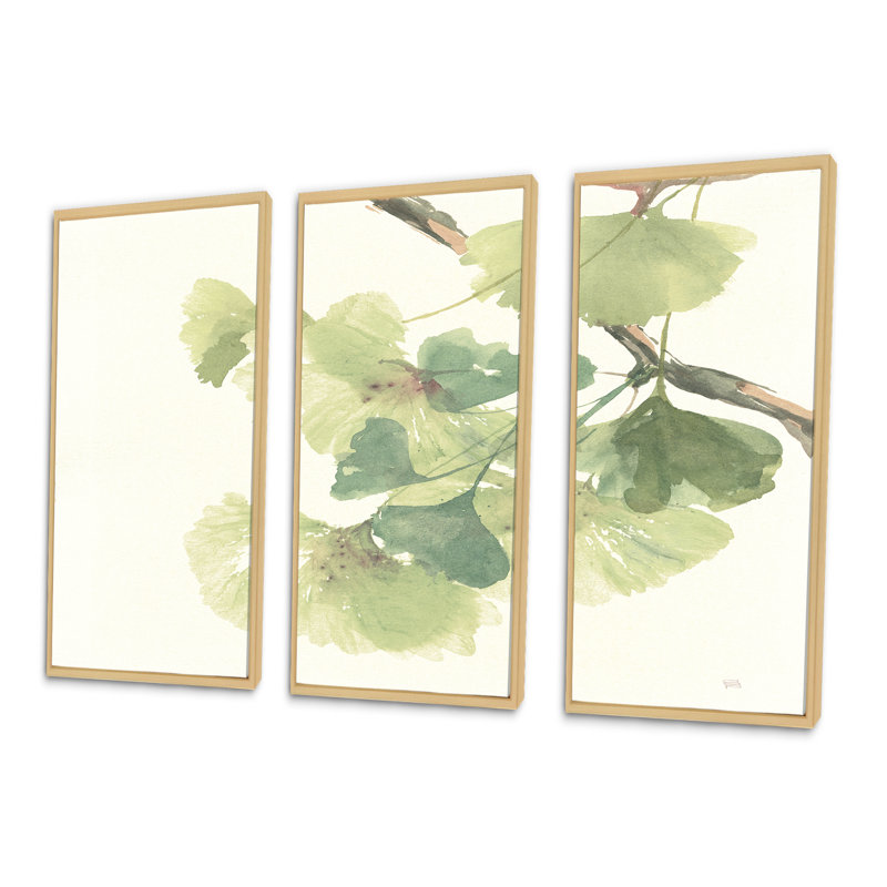 Aquarelle, feuilles de gingko II - ensemble de 3 toiles encadrées