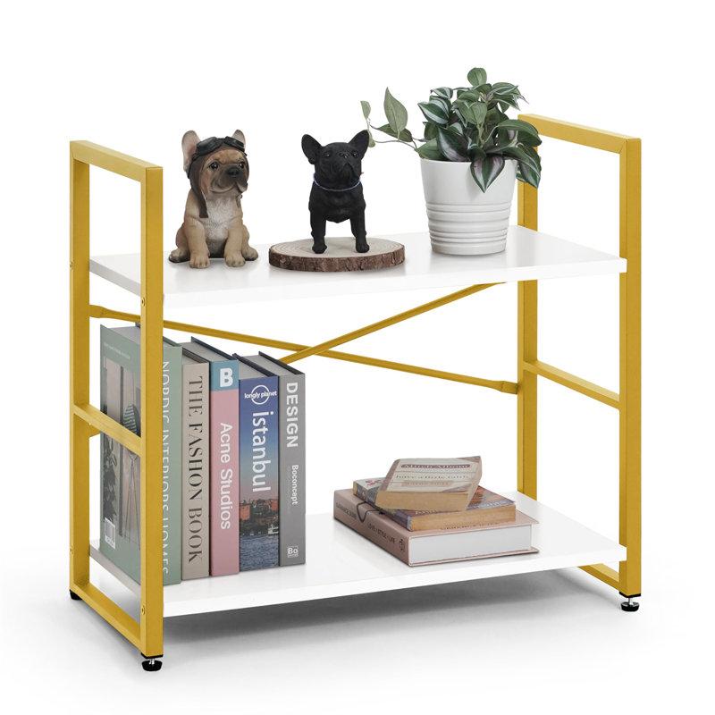 Modern 2-Tier Bookcase - Scratch Resistant Metal And Wooden Shelf For Living Room
