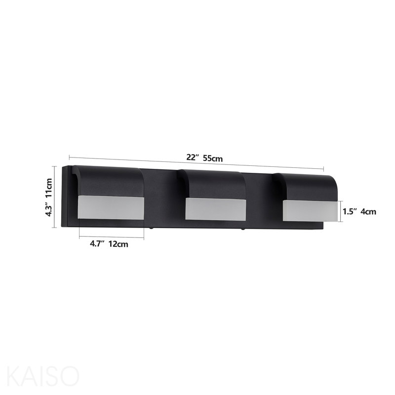 Luminaire de salle de bain mural à DEL 3 lumières DEL, H 4,3 po x l 21,7 po x P 3,5 po, Noir, Trois lumières
