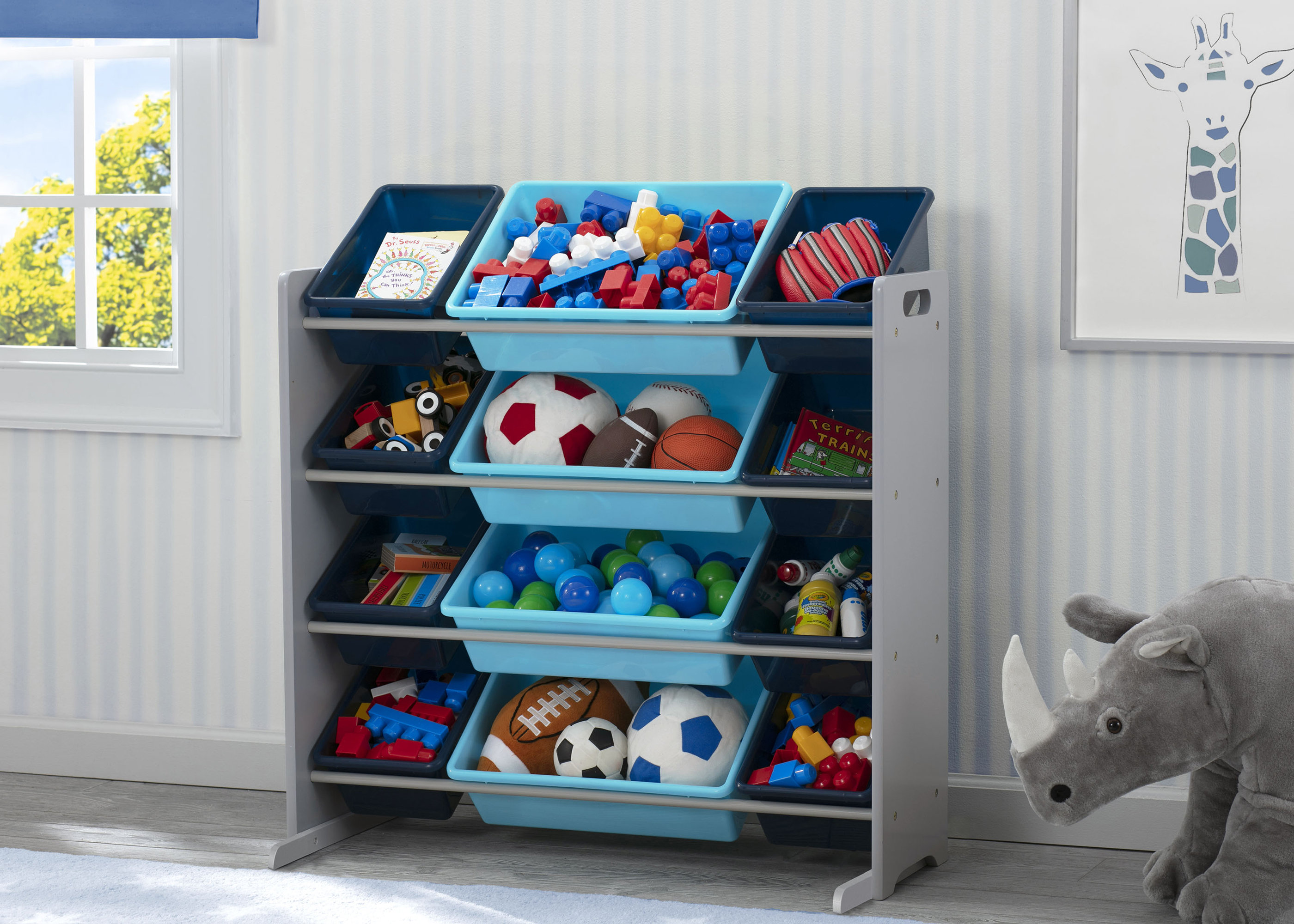 Toy storage organizer with 12 store plastic bins