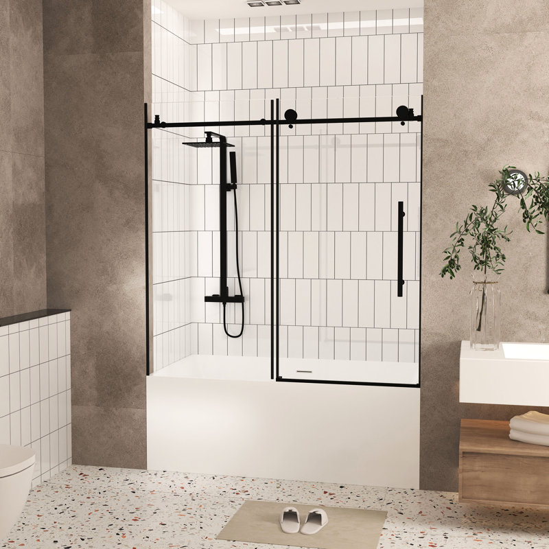 Shower Door With 1/4"  6 Mm  Clear Tempered Glass, Proof Film, Matte Black Stainless Steel Handle, 56 - 60" W X H, Quiet And Efficient Operation For Bathroom Smooth Silent Movement