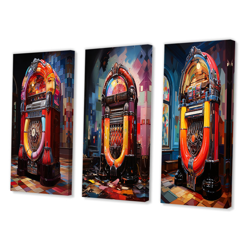 «Jukeboxes Nostalgic Melody», 3 pièces sur toile, Toile tendue, H 20 po x l 36 po