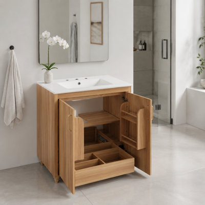 Ensemble de meuble-lavabo 30 po avec lavabo, meuble autoportant en bois massif naturel et panneau de fibres à densité moyenne, lavabo simple moderne avec portes et tiroir