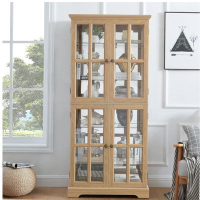 Curio Display Cabinet,Antique Display Cabinet with Glass Doors Adjustable Shelves for Collectibles Four Door Design Vintage Showcase for Home or Office Antique Display Case E26 Bulb Included  OAK