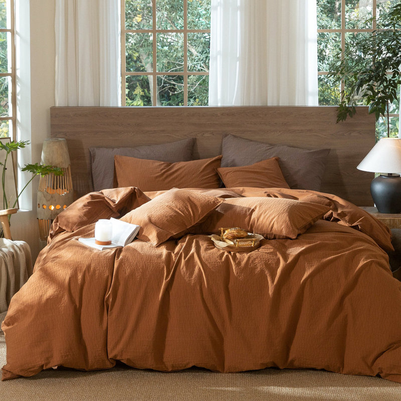 MooMee Wavy Striped Duvet Cover Set 100% Washed Cotton Linen Like Textured Breathable Lightweight, Dark Orange
