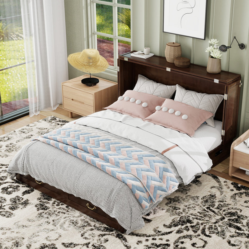 100% Solid Wood Murphy Bed Chest With Drawers, Famhouse Style Murphy Bed Queen With Built-in Charger For Bedroom, Black (Mattress Included)