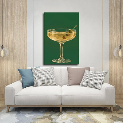 Tableau sur toile représentant un verre à martini classique garni d'une olive, affiche vintage pour la décoration intérieure