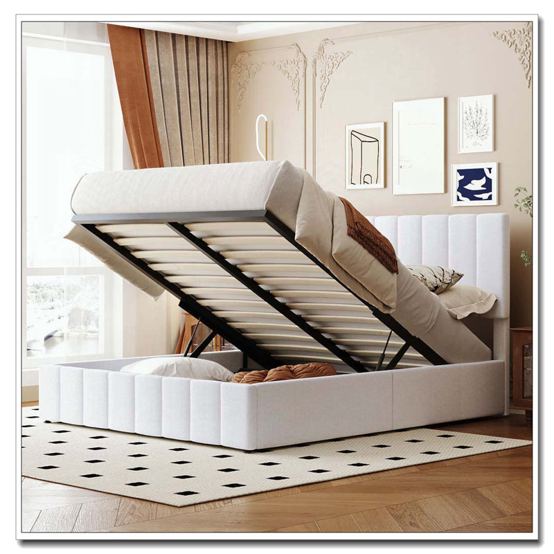 Lit plateforme tapissier avec système de rangement hydraulique, Blanc, Grand lit