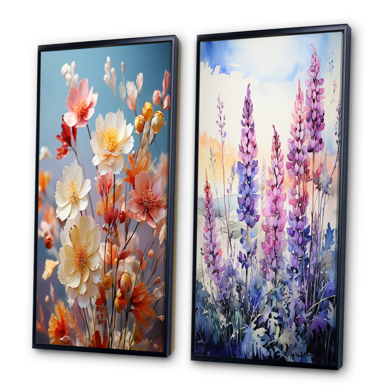 Meadow Wildflower Whispers «Meadow Wildflower Whispers», 2 pièces, Cadre noir, H 40 po x l 40 po