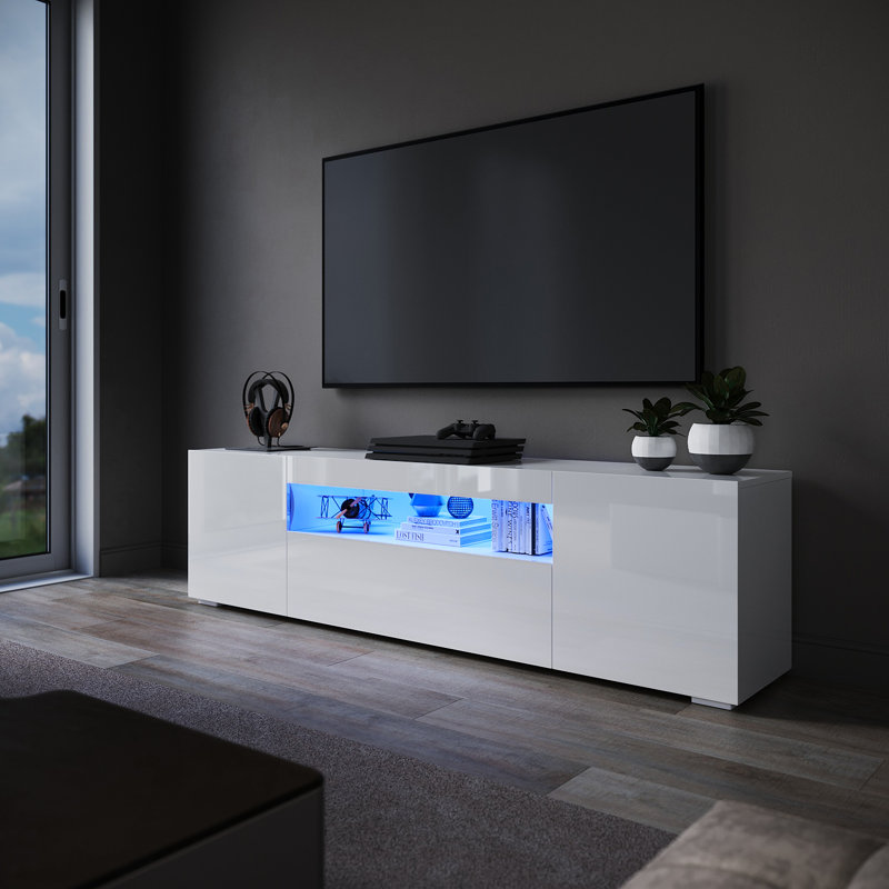 Caelainn High Gloss TV Stand & TV Cabinet, 1 Flip Door, 2 Side Doors, RGB Remote, 15W, Fits 60" TV, White