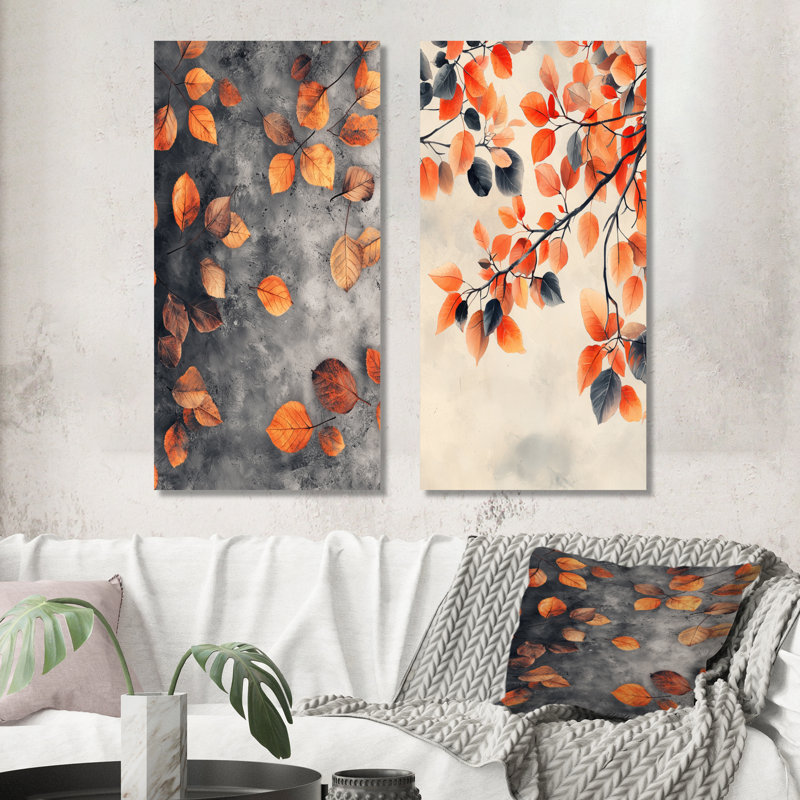 Feuilles d'automne orange I - feuillage 2 pièces, grandes impressions murales en métal, 40" H x 40" W