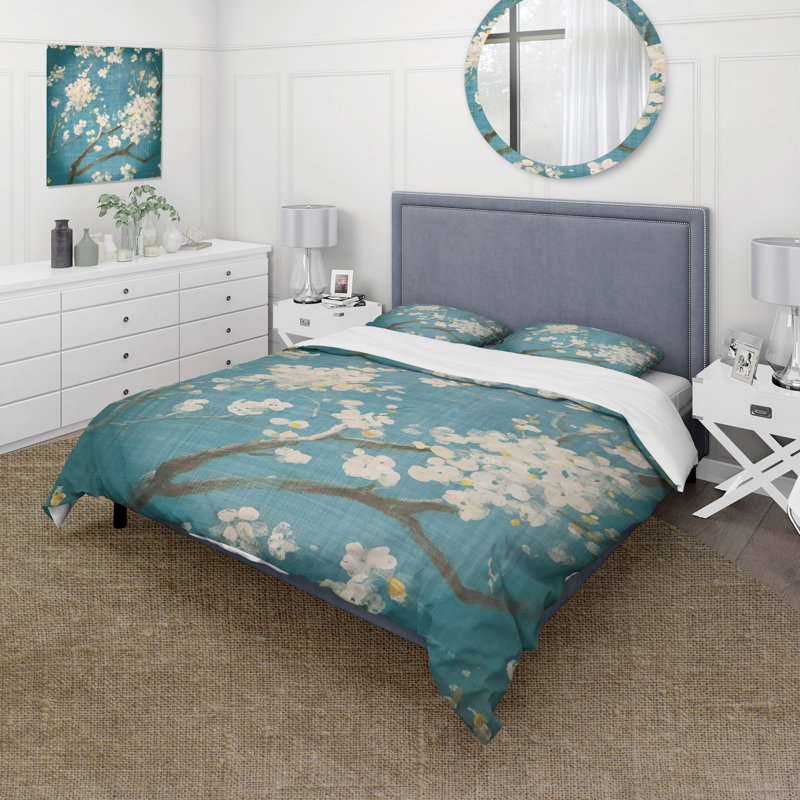 Cherry Blossoms II Duvet Cover Set, King Duvet Cover + 2 Shams
