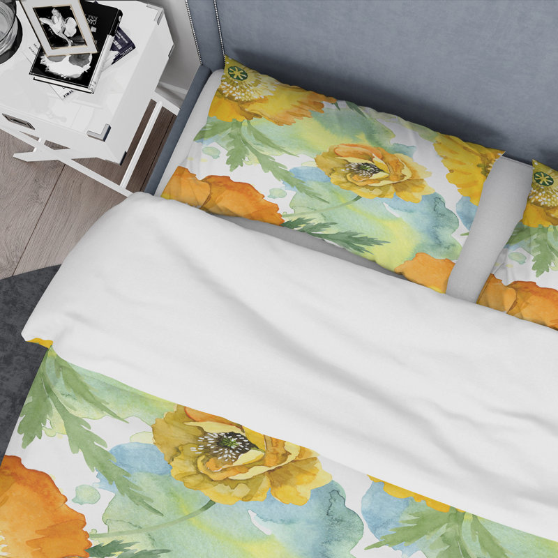 Fleurs de pavot jaunes - ensemble de housse de couette floral - microfibre de polyester