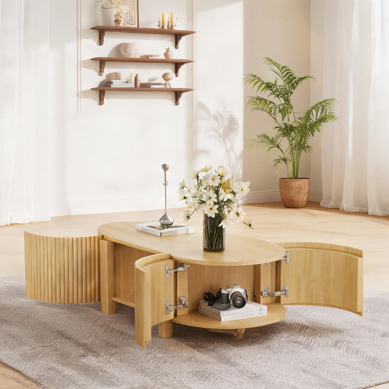 Table basse ovale en bois d'hévéa massif de 47 pouces avec rangement, compartiments ouverts, tablette inférieure, finition naturelle organique - centre de table de salon fonctionnel