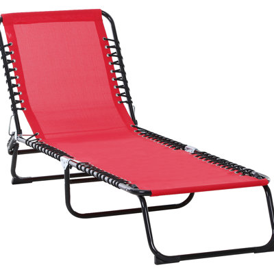 Patio Relax Chair. 4 Adjustable , Breathable Mesh. With Pillow, Bungee Seat. For Beach, Yard. Red Yard Chaise Sun Chair Relaxing. Recline, Mesh &