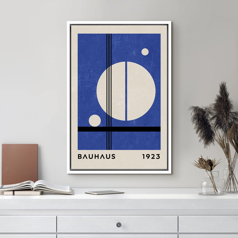 Blocs de couleurs abstraites et vibrantes, formes de cercles bleus et blancs du Mid-Century Bauhaus des années 1960, Blanc