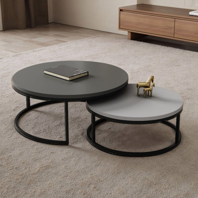 Modern Nesting Tables with Round Wood Tops | Space-Saving Sofa Side Tables for Flats & Living Rooms (Walnut & Black)