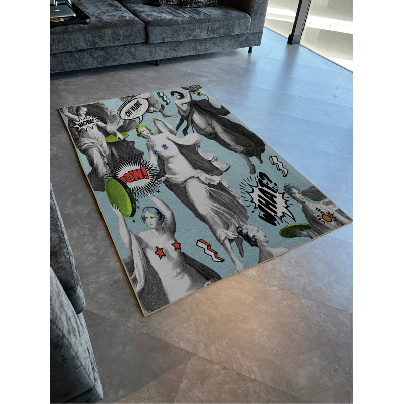 Tapis décoratif bleu à motif de buste, Tapis de couloir 3 pi 3 po x 9 pi 10 po