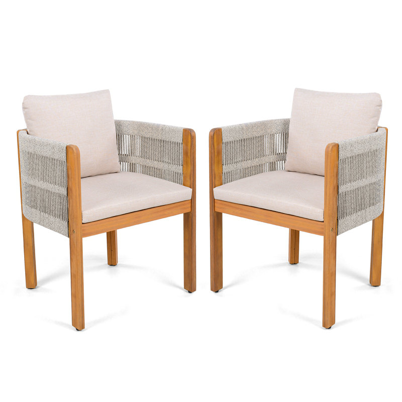 Ensemble de 2 chaises de salle à manger d'extérieur en bois d'acacia avec poignées en corde brunes, coussins lavables et imperméables beiges, capacité de 400 lb