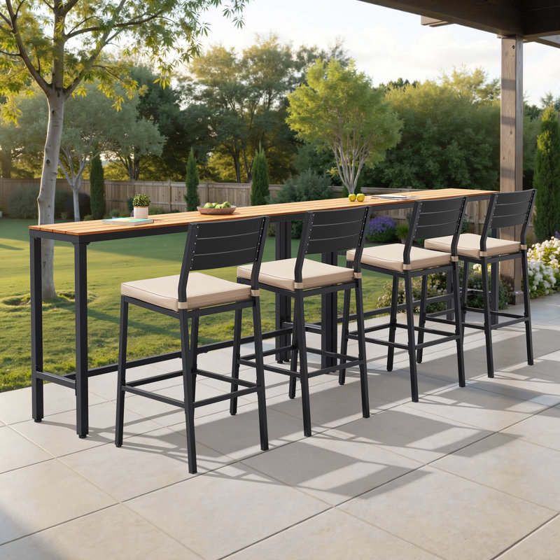 4 - Person Rectangular 126'' L Metal Patio Dining Bar Set, Beige, Brown