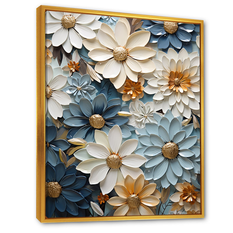 «Vibrant Blue White Zinnias Collage» sur toile, Cadre flottant doré, H 40 po x l 30 po x P 1,5 po