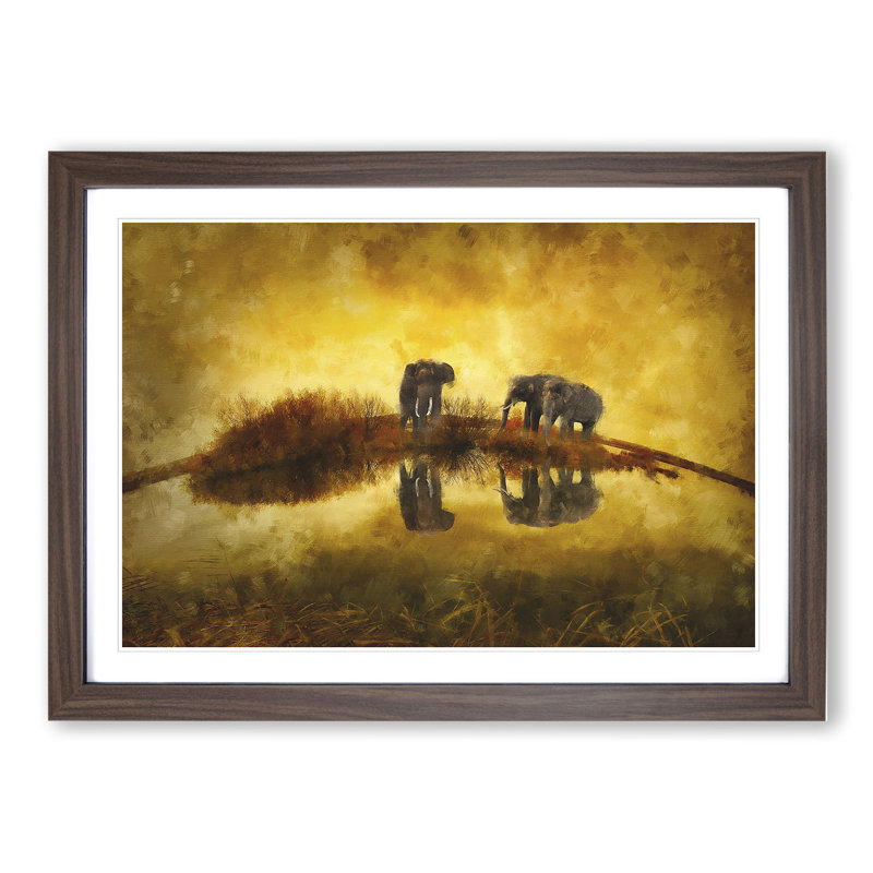 Elephants at Sunset - Picture Frame Graphic Art, Walnut Framed, 48cm H x 65cm W x 2cm D
