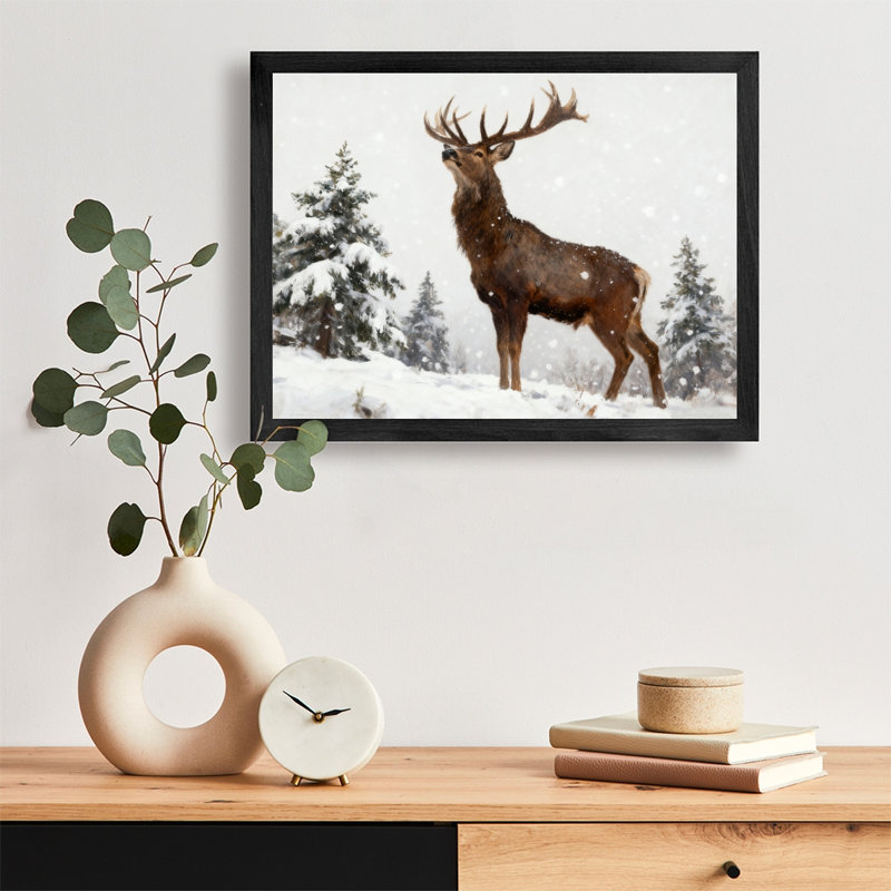 «Black Bucks in the Snow», reproduction d'art encadrée noire, H 17 po x l 25 po
