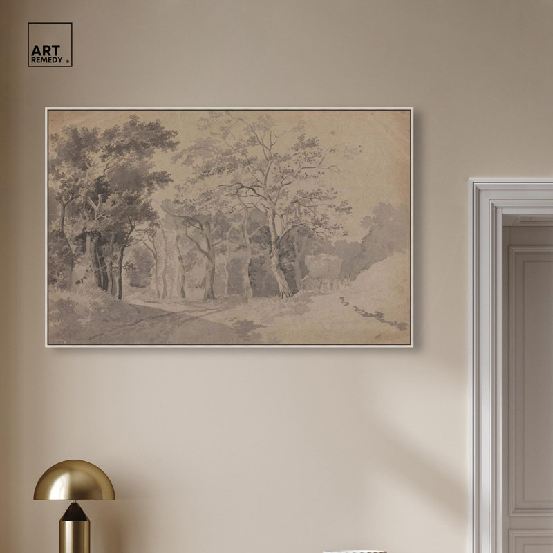 «Grove with Road and Haycart Canvas Vintage Landscape» par Art Remedy, H 17 po x l 25 po, Cadre flottant, Argent argent