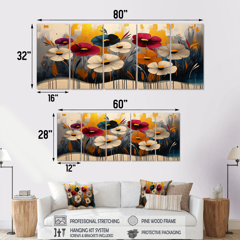 Fleurs rouges rouges et bleuet - Art mural de bleuet - Art mural traditionnel pour le salon, H 32 po x l 80 po, 5