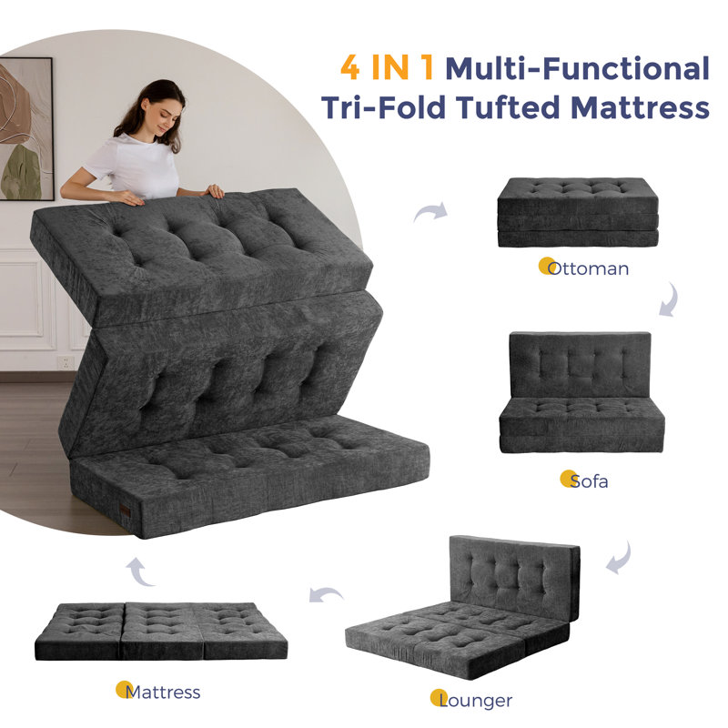 Tri-Fold Velours côtelé 6 po, Lit double, Gris