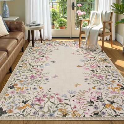 Vintage Floral Washable Area Rug with Non-Slip Backing, Low-Pile Beige Rug for Living Room, Bedroom & Dining Room