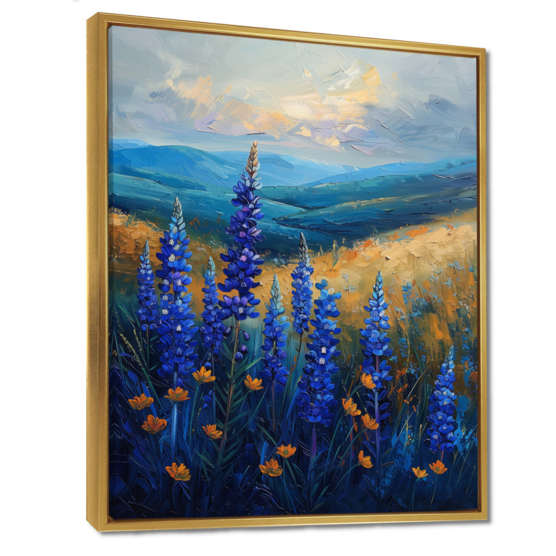 «Blue Green Meadow Charm Blue Bonnets I - Blue Bonnets», art mural, Toile avec cadre flottant or