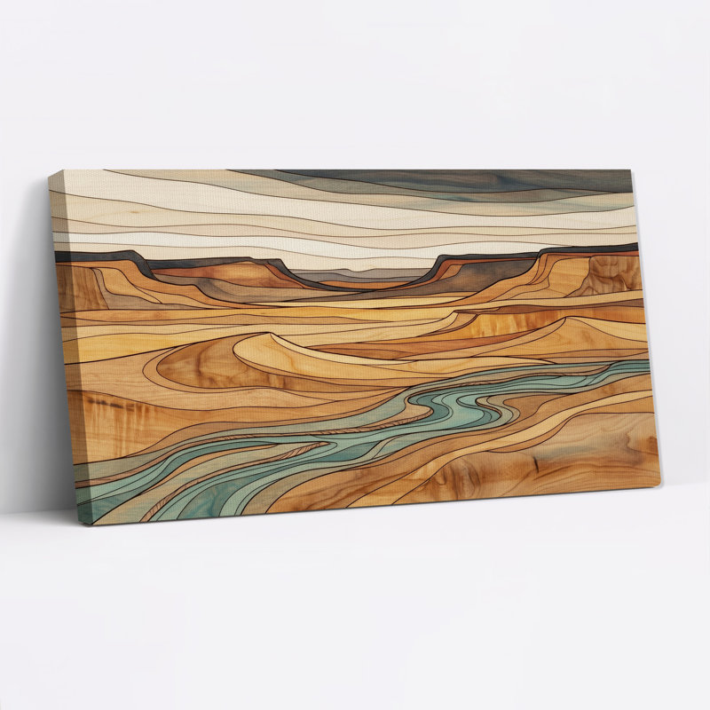 Tableau sur toile représentant un paysage de canyon aux veines de bois brunes avec une rivière turquoise, 46“W x 24”H