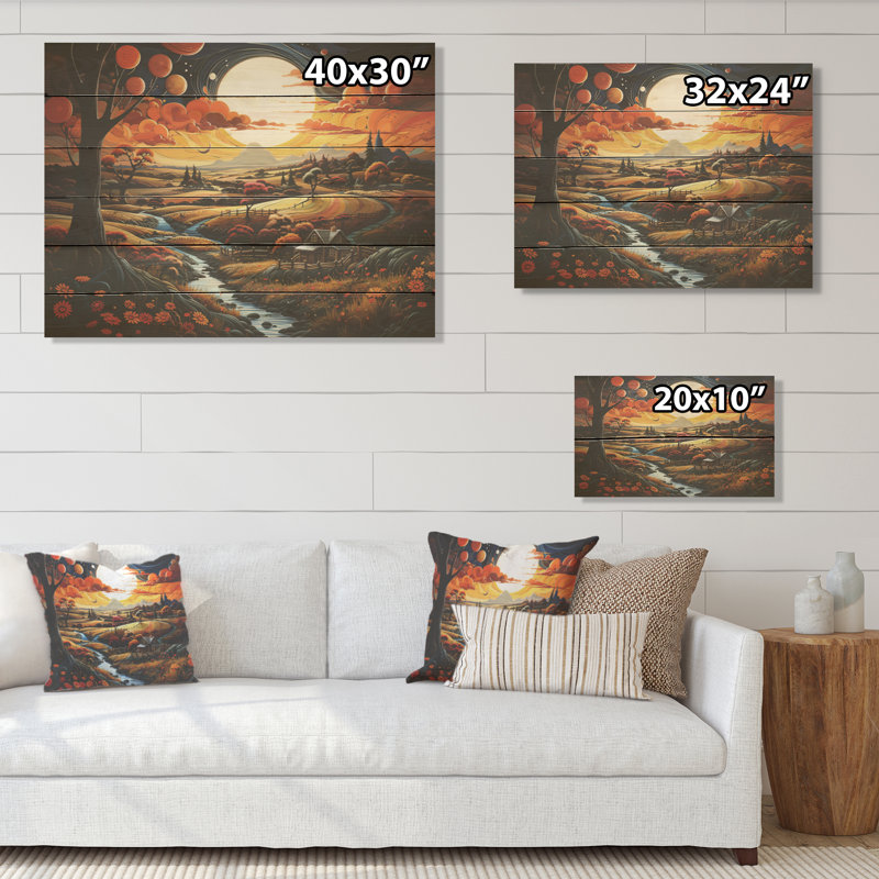 Whimsical Magical Fields I - Art mural en bois de ferme sur bois de pin naturel, H 24 po x l 32 po