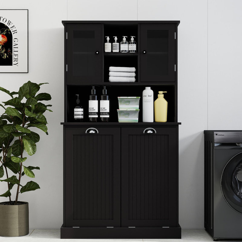 Grande armoire de salle de bain à deux compartiments inclinable avec panier à linge et 2 tablettes réglables - noir